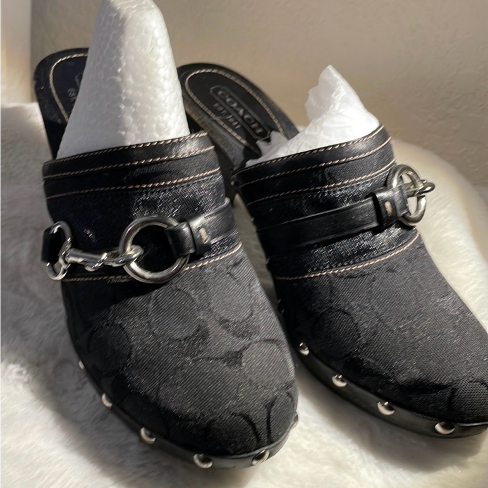 Coach Black Signature Canvas Clog Mules with Silver-Tone Hardware